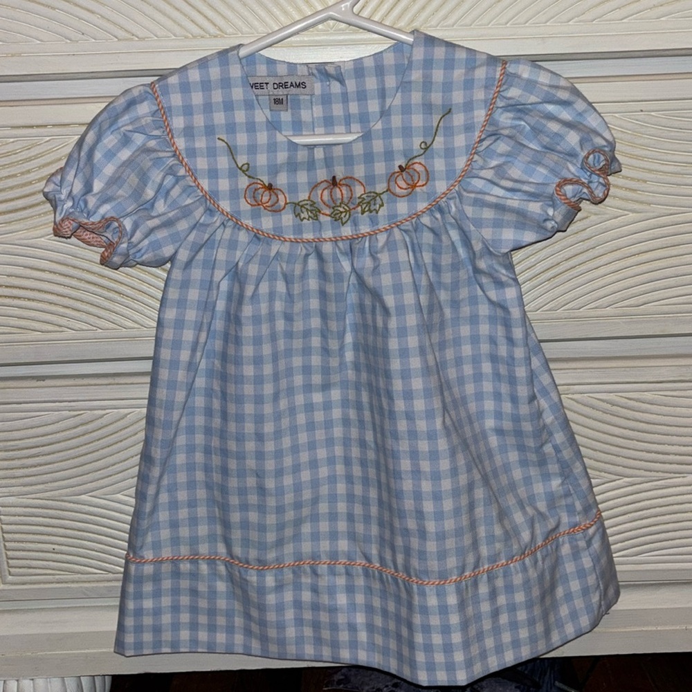 Sweet dreams pumpkin embroidered dress. So sweet for fall!